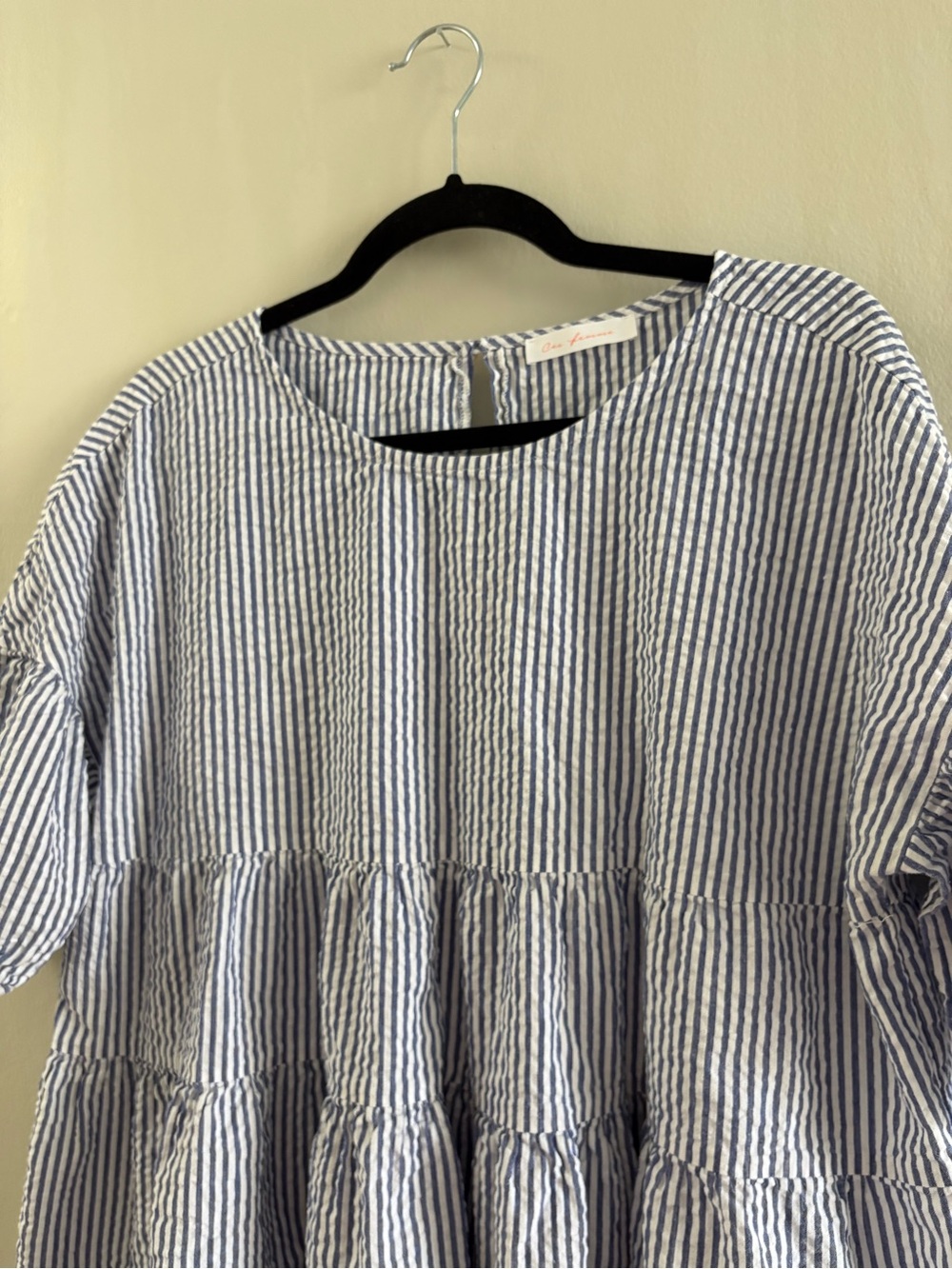 Ces Femme Blue White Striped Tiered Babydoll Top Large 100% Cotton Puff Sleeve - Picture 2 of 9
